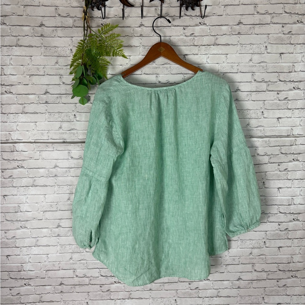 Talbots Green Vertical Striped Pinstriped Linen Peasant Blouse - Picture 5 of 5